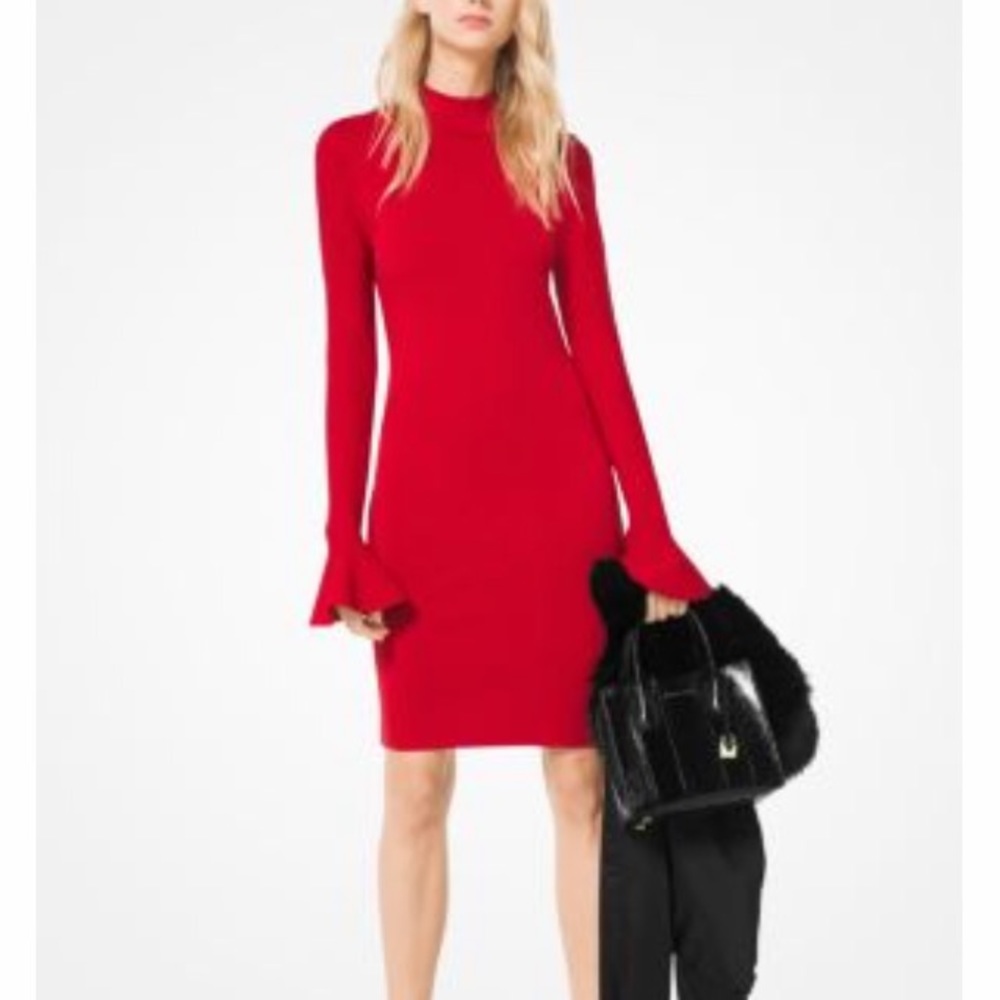 Michael Kors Bell-Sleeve Dress in Crimson